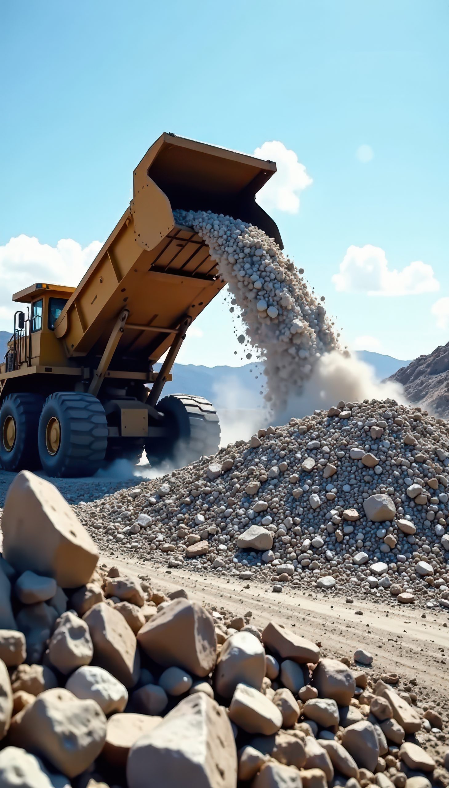 Massive conveyor discharges rubble onto a pile Bright day illuminates scene , transport, large, work